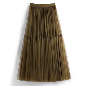 High Waist Tiered Midi A Line Tulle Skirt
