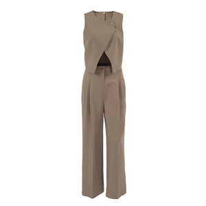 Women Khaki Sleeveless Waistcoat Pants Two Piece Sets