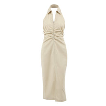 Charger l&#39;image dans la galerie, Khaki Cotton Linen Backless Halter Neck Midi Dress
