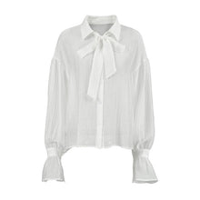 Laden Sie das Bild in den Galerie-Viewer, White Tie Bow Sexy Transparent Trumpet Sleeve Blouse
