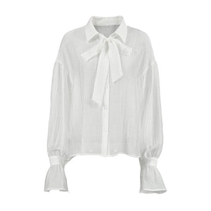 White Tie Bow Sexy Transparent Trumpet Sleeve Blouse