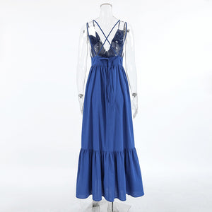 Blue Cotton Linen V Neck Spaghetti Backless Tiered Maxi Dress