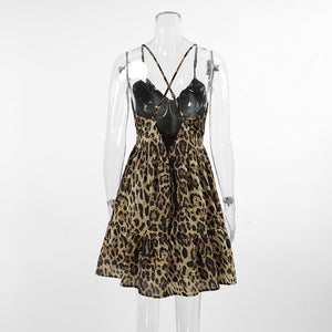 Sexy V Neck Spaghetti Chiffon Leopard Mini Dress