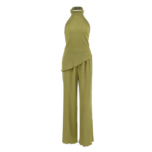 Green Sleeveless Halter Neck Top and Wide Leg Pants Two Piece Set