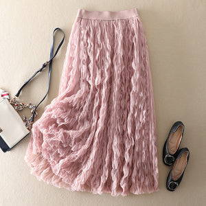 High Waist Tulle Wavy Crinkle Midi Puffy Skirt