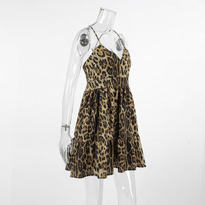 Sexy V Neck Spaghetti Chiffon Leopard Mini Dress