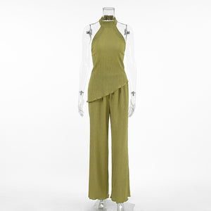 Green Sleeveless Halter Neck Top and Wide Leg Pants Two Piece Set