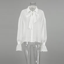 Laden Sie das Bild in den Galerie-Viewer, White Tie Bow Sexy Transparent Trumpet Sleeve Blouse
