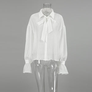 White Tie Bow Sexy Transparent Trumpet Sleeve Blouse