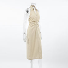 Charger l&#39;image dans la galerie, Khaki Cotton Linen Backless Halter Neck Midi Dress
