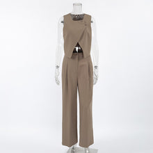 Laden Sie das Bild in den Galerie-Viewer, Women Khaki Sleeveless Waistcoat Pants Two Piece Sets
