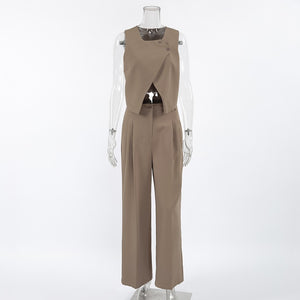 Women Khaki Sleeveless Waistcoat Pants Two Piece Sets