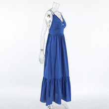 Cargar imagen en el visor de la galería, Blue Cotton Linen V Neck Spaghetti Backless Tiered Maxi Dress
