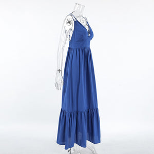 Blue Cotton Linen V Neck Spaghetti Backless Tiered Maxi Dress