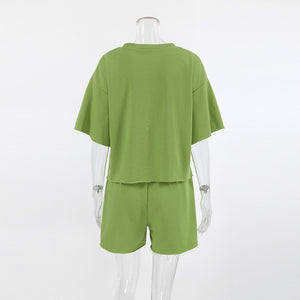 Green Short Sleeve T shirt Shorts Sporty Two Piece Set