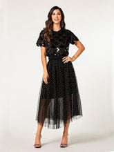 Load image into Gallery viewer, women trendy short sleeves sequin top polka dot tulle overlay skirt 2-piece set
