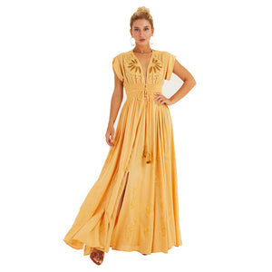 Short sleeves hollow out ruffle button elegant embroidery casual boho yellow long dress with tassel