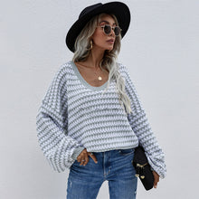 Load image into Gallery viewer, women v neck jacquard striped sweater pullover
