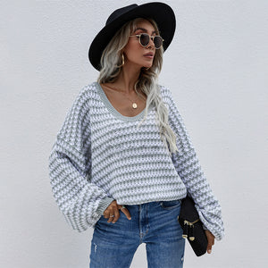 women v neck jacquard striped sweater pullover