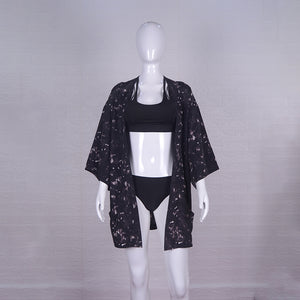 Printed Geometric Tie Dye Three Quarter Sleeve Loose Kimono Beachwear Bikini Cover Up