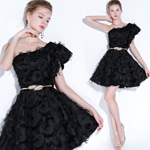Short Puff Sleeve One Shoulder 3D Jacquard Chiffon Tassel Long Short Flare Evening Dress Gowns