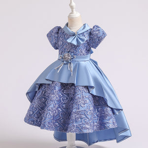 100-150cm Kids Girls Jacquard Train Fancy Dresses Bowtie Collar Princess Short Sleeve Satin Puffy Dress