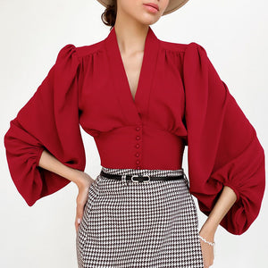 French Style V Neck Lantern Sleeve Slim Blouse Shirt