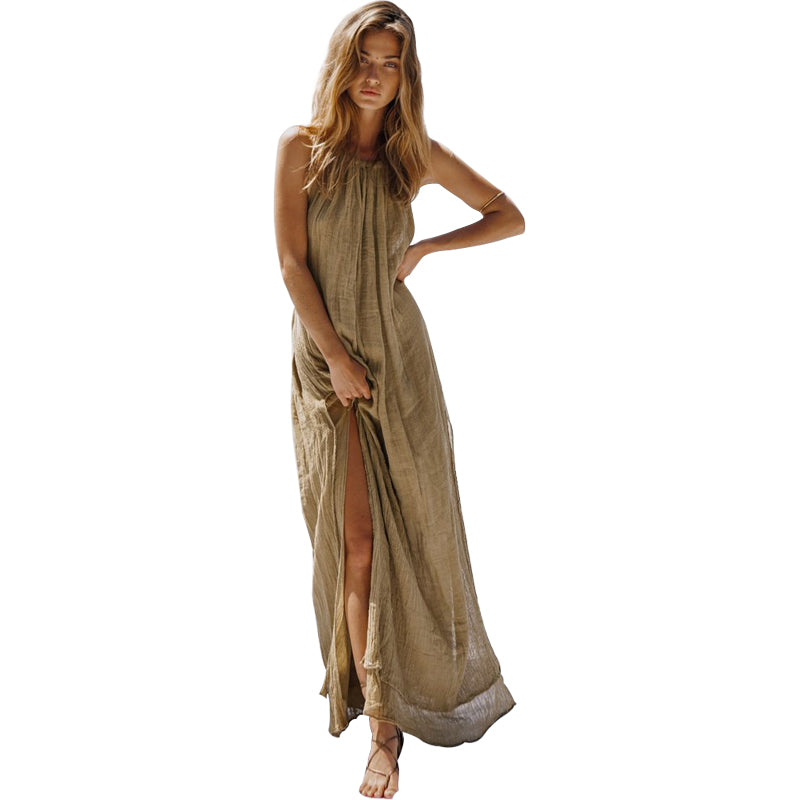 Halter neck split maxi backless dress