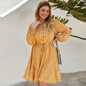 Hot Sale Long Sleeve Stripe Print Bohemian Dress