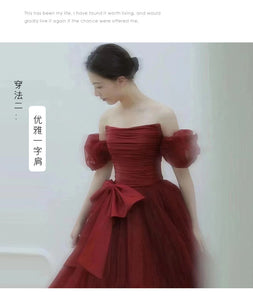 Burgundy Bridal Dress Puff Sleeve Long Princess Dress Stage Performance Birthday Puffy Evening Dress