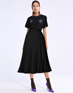 Printed Contrast Big Flare A Line Long Pleated Skirts