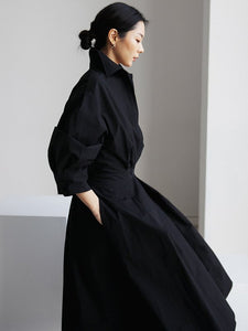 Solid Color Lapel Long Sleeves Casual Midi Shirt Dress