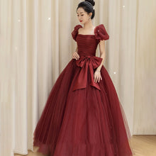 Charger l&#39;image dans la galerie, Burgundy Bridal Dress Puff Sleeve Long Princess Dress Stage Performance Birthday Puffy Evening Dress
