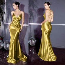 Load image into Gallery viewer, Slim Gold Backless Mermaid Long Spaghetti Strap Evening Dress

