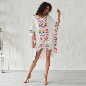 New style spring summer cotton ball stitching women ethnic clothing white embroidery tassel dress
