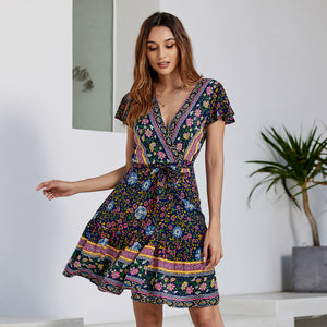 Guangzhou wholesale short sleeveless sexy V-neck bohemian floral boho dress summer