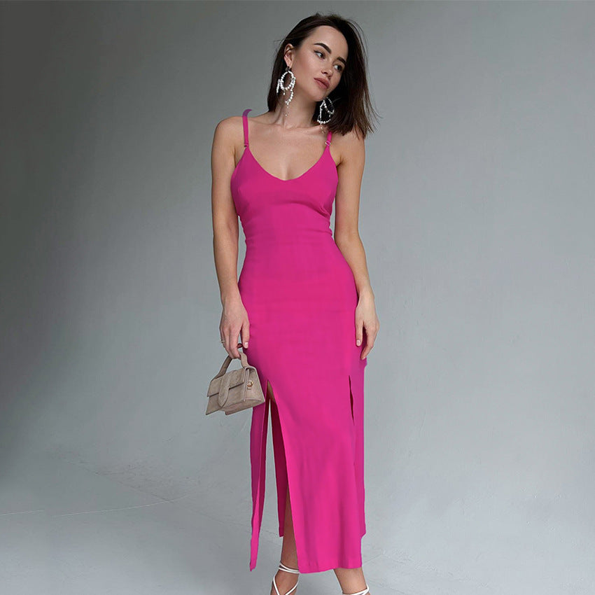 Spaghetti Backless V Neck Sexy Pink Slim Slip Casual Dress