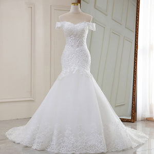 White Lace Big Train V Neck French Style Bridal Wedding Dress