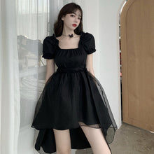 Load image into Gallery viewer, Black Organza Square Neck Puff Sleeve High Low Hem Casual Dress
