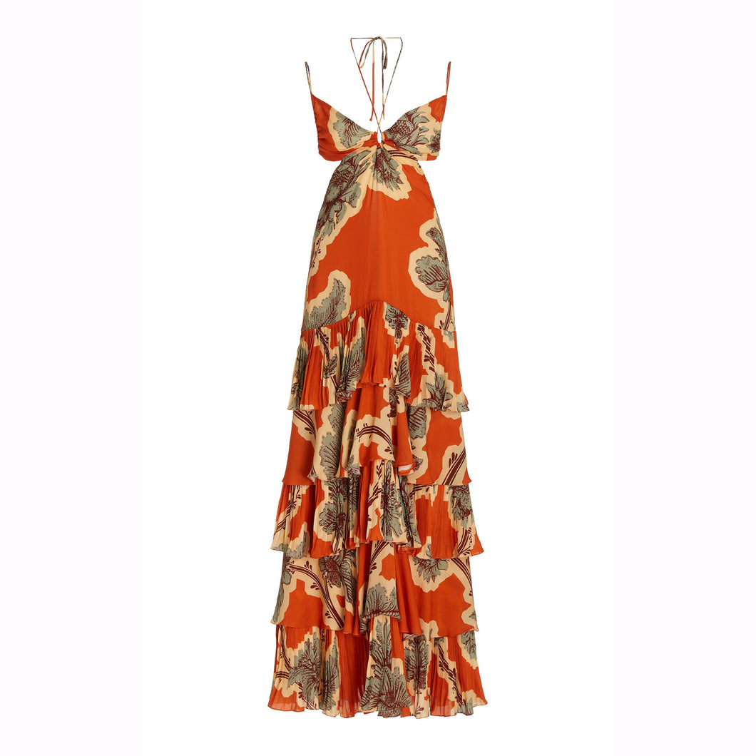 Spaghetti Tiered Print Ruffle Maxi Boho Casual Dress