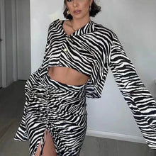 Charger l&#39;image dans la galerie, Zebra Animal Skin Print Short Knit Top Strips Tie Pencil Skirt Two Piece Set
