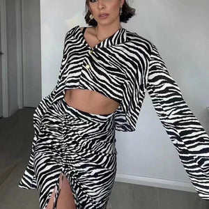 Zebra Animal Skin Print Short Knit Top Strips Tie Pencil Skirt Two Piece Set