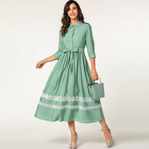 Green elegant elbow sleeve bandage lady wear ruffle lace long button shirt latest formal dress patterns