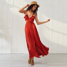 Load image into Gallery viewer, Summer beach bohemian clothing maxi dress casual solid red Spaghetti strap dress sexy v neck backless dresses women
