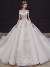 Load image into Gallery viewer, White Off Shoulder Embroidery Applique Fairy Big Train Elegant French Style Wedding Gown
