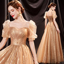 Load image into Gallery viewer, Short Puff Sleeve Elegant Golden Evening Dress Fairy Slim Long Fancy Prom Dress

