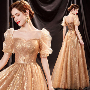Short Puff Sleeve Elegant Golden Evening Dress Fairy Slim Long Fancy Prom Dress