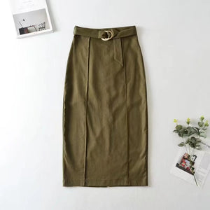 2022 Autumn New Design Cotton Linen Slit Belted Pencil Skirt