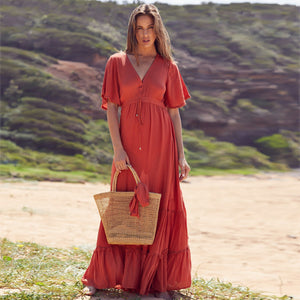 V-Neck Button Front Rayon Maxi Dress Summer Boho Dress