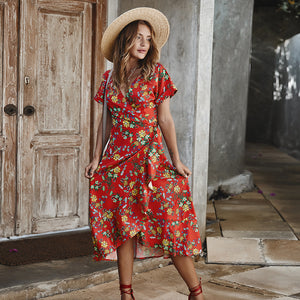 Europe America High Quality Amazon Hot Sale 2020 Elegant Floral Long Wrap Dress